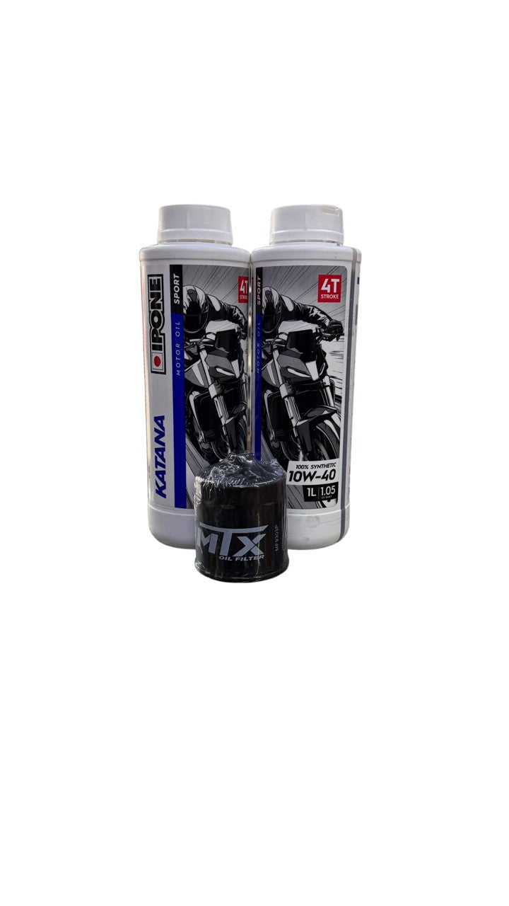 Kit Cambio de Aceite Kawasaki Ninja 400: Aceite Ipone Katana 10W40 100% Sintético PAO & Éster (2L) + Filtro MTX