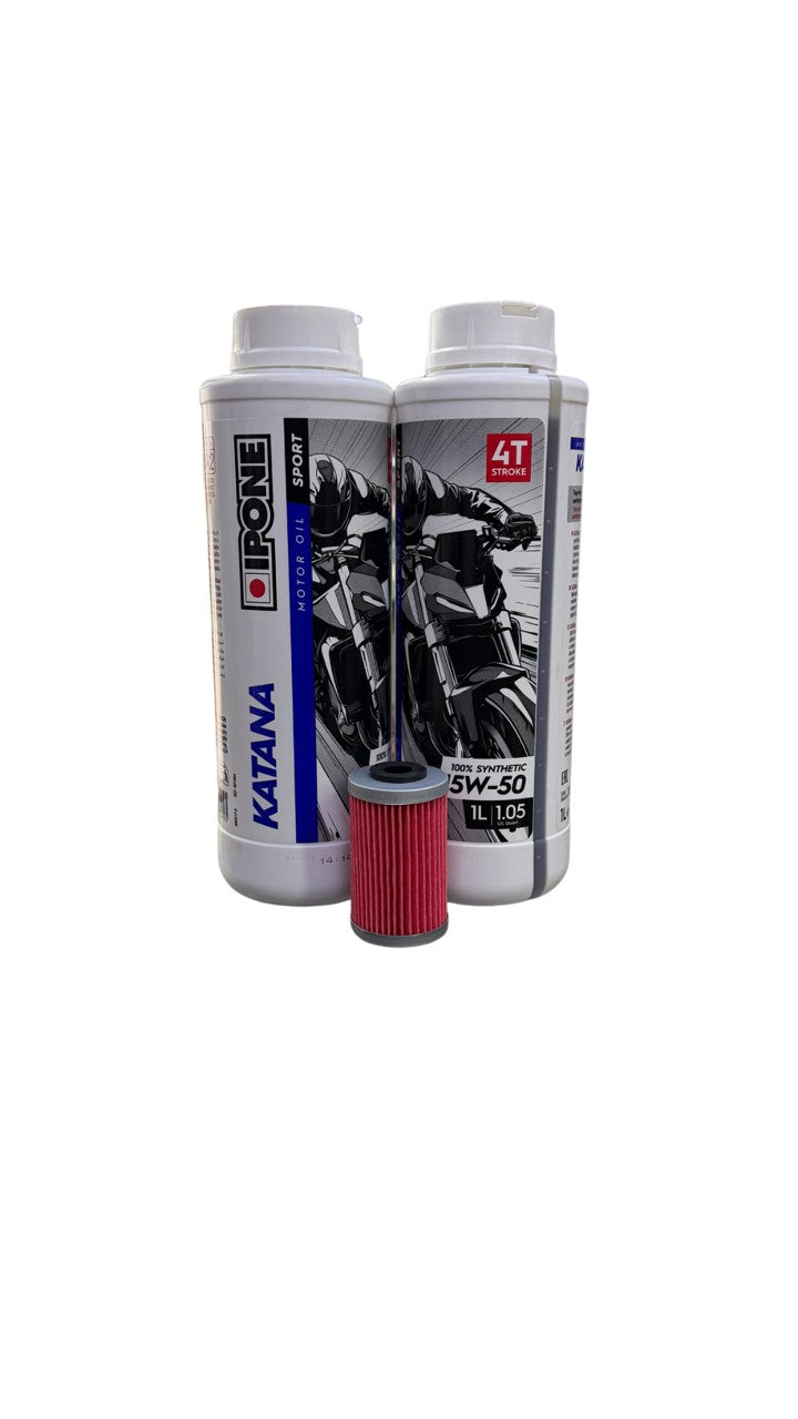 Kit Cambio de Aceite KTM Duke / RC / Adventure (200, 250, 390): Aceite Ipone Katana 15W50 100% Sintético PAO & Éster (2L) + Filtro de Aceite